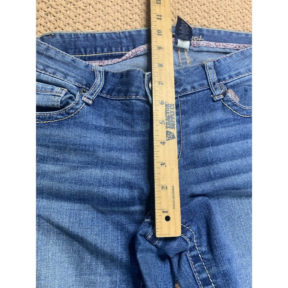 Women's 7 Amethyst Denim Blue Jeans Y2K Bootcut Embellished Pocket Distressed - Picture 6 of 8